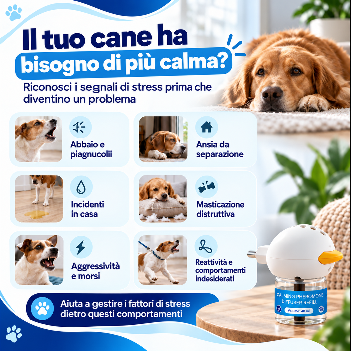Diffusore di feromoni materni canini ad effetto calmante.