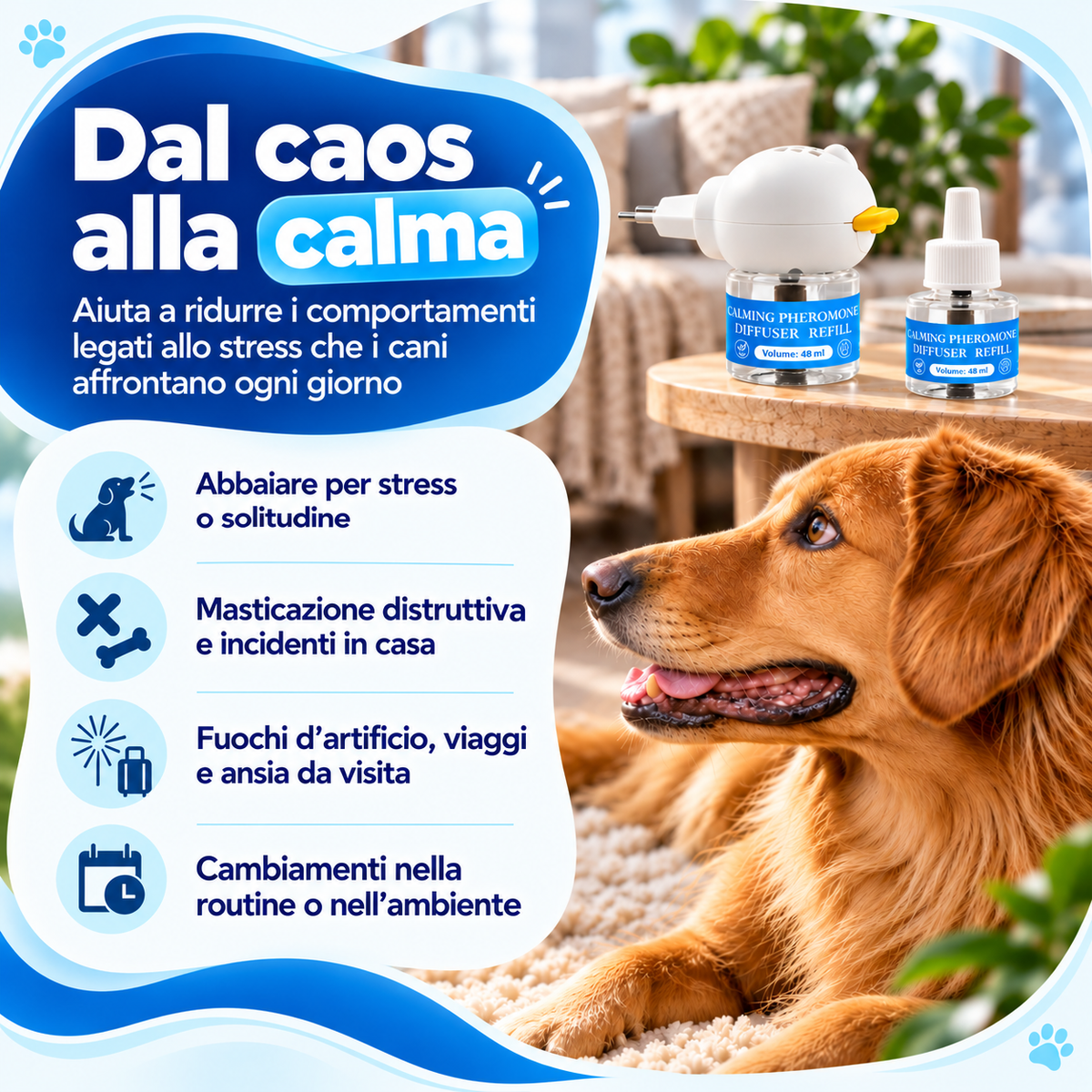 Diffusore di feromoni materni canini ad effetto calmante.